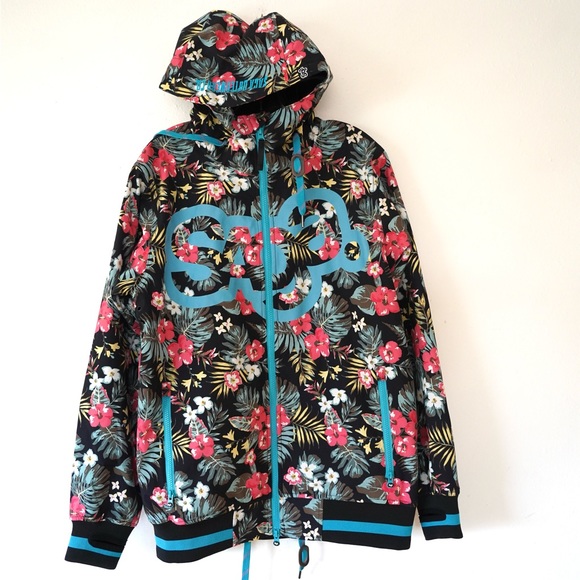 Saga Outerwear Floral Flower Jacket Hooded Soft-Shell Windbreaker Large Logo M - Picture 1 of 12